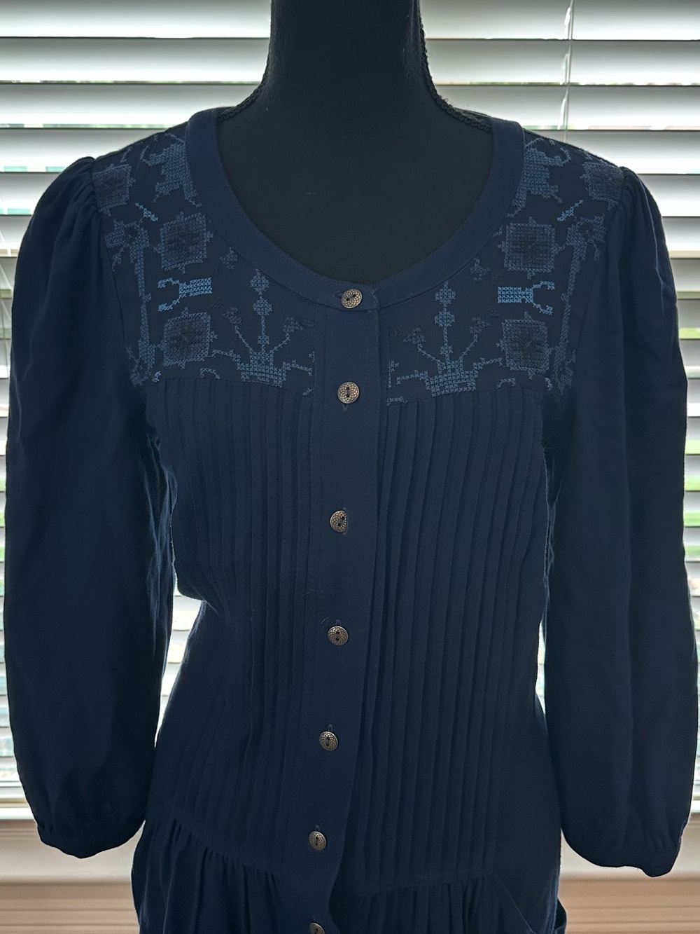 Anthropologie Navy Embroidered Yoke Button-Front Midi Dress - Picture 2 of 5